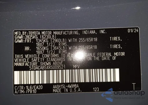 2024 Toyota Grand Highlander Hybrid Xle z USA, uszkodzony, nr VIN 5TDACAB5XRS009521